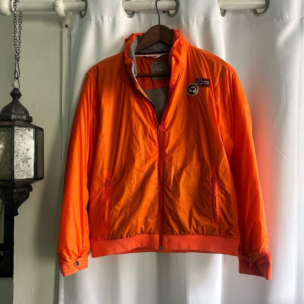 EUC Bright Orange Fleece lined jacket w stashable hood